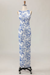 Blumenbedrucktes Bodycon Weiß Blau Langes Hochzeitsgastkleid